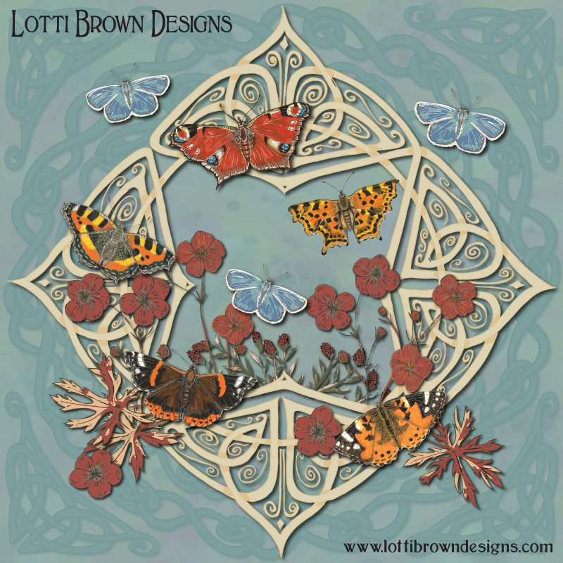 Pale blue butterflies Celtic art print by Lotti Brown