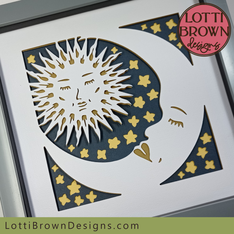 Get my celestial sun and moon SVG template to make a beautiful shadow box perfect for boho mystical style or even as nursery wall art...