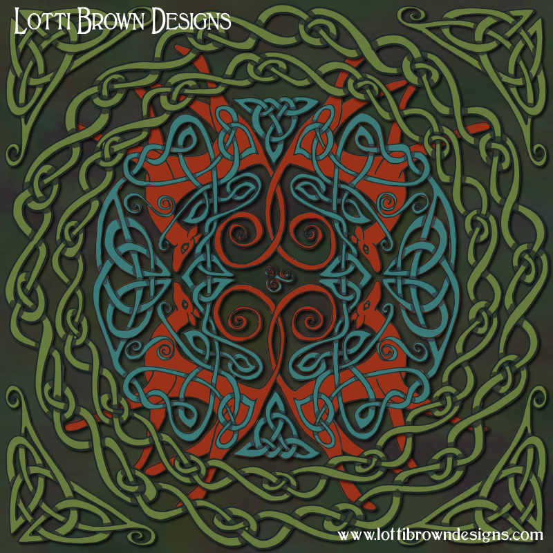 Celtic Greyhounds art (red & green) by Lotti Brown