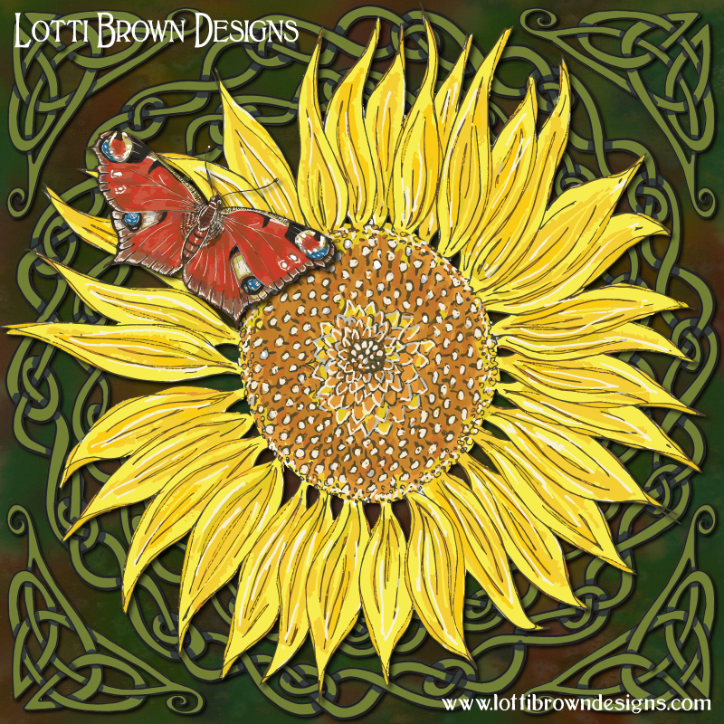 Celtic Sunflower and Peacock Butterfly art by Lotti Brown