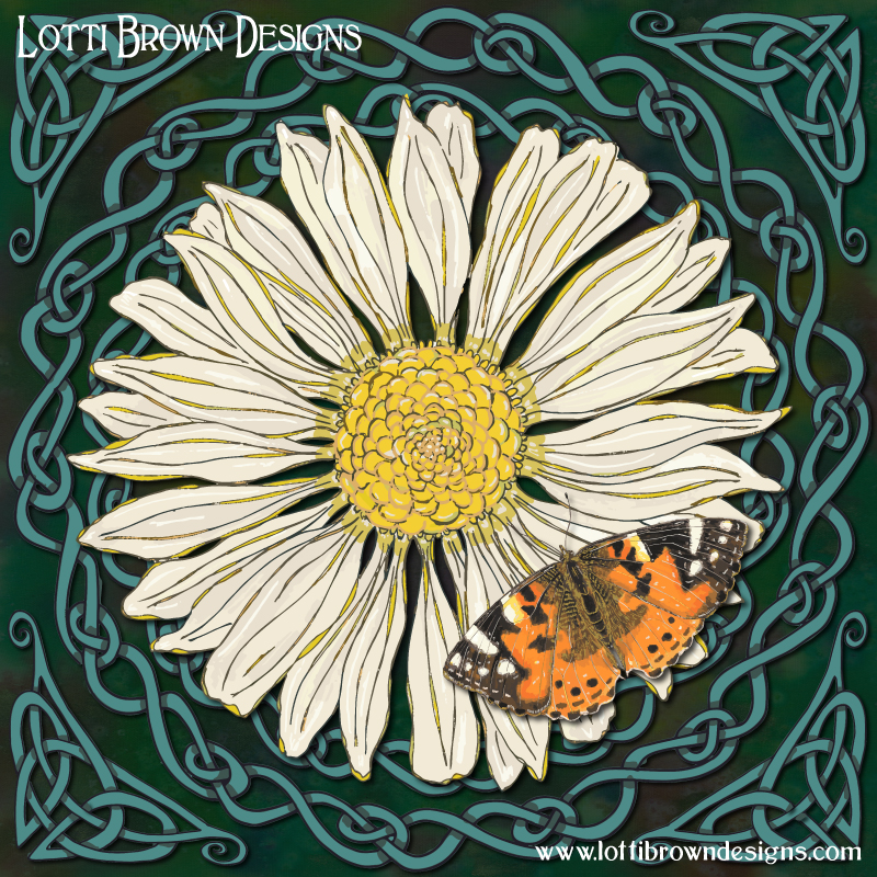 Celtic Daisy and Painted Lady Butterfly art by Lotti Brown