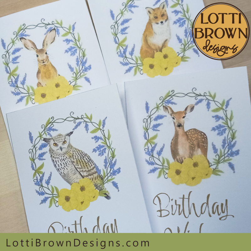 Floral wildlife birthday card printable PDF files