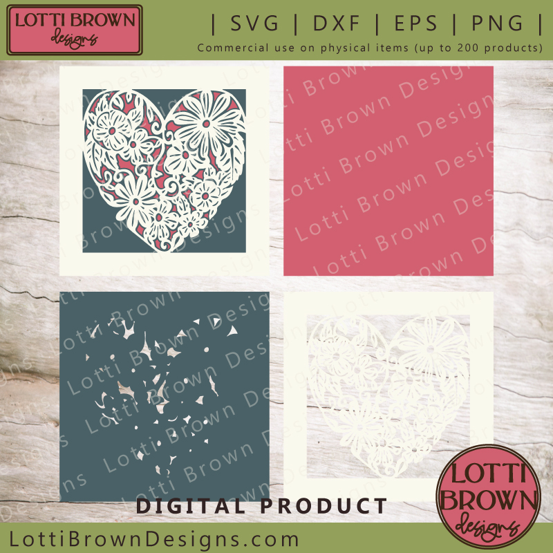 Floral heart shadow box SVG template (also PNG, DXF, EPS)
