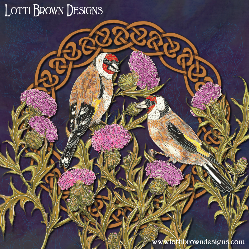 Celtic Goldfinches and Thistles artwork by Lotti Brown