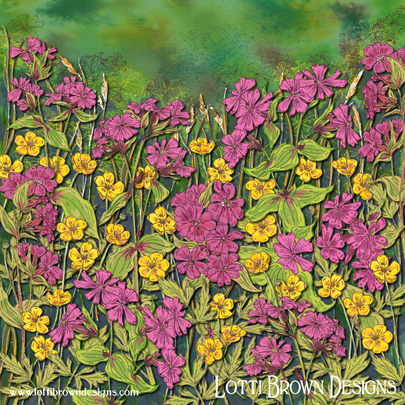 pink and yellow wildflowers art by Lotti Brown