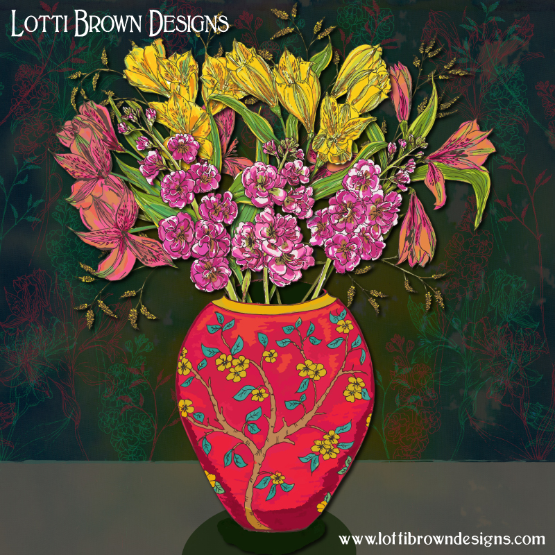 Red Vase with Flowers art by Lotti Brown