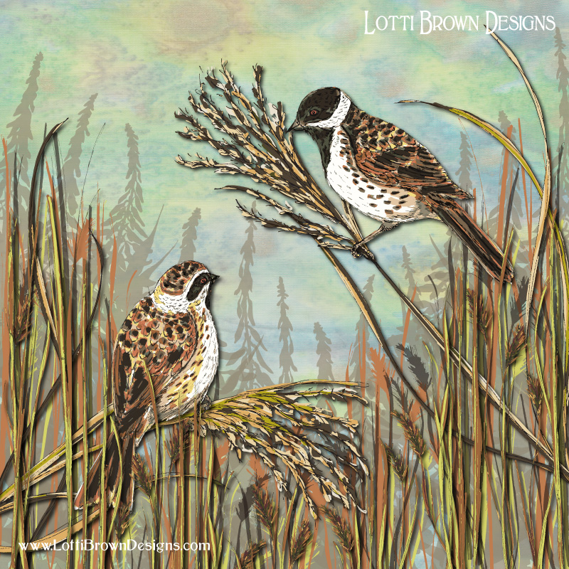 reed buntings art print by Lotti Brown