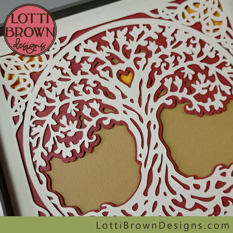 White, red, and yellow tree of life shadow box design
