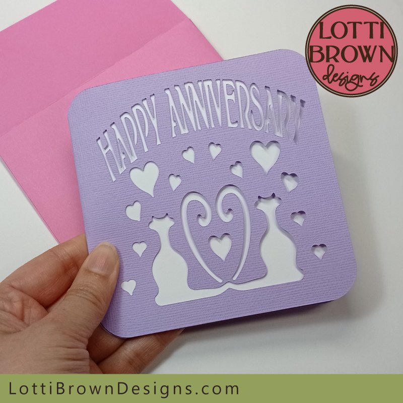 Pretty anniversary card SVG design with cute cats cut out