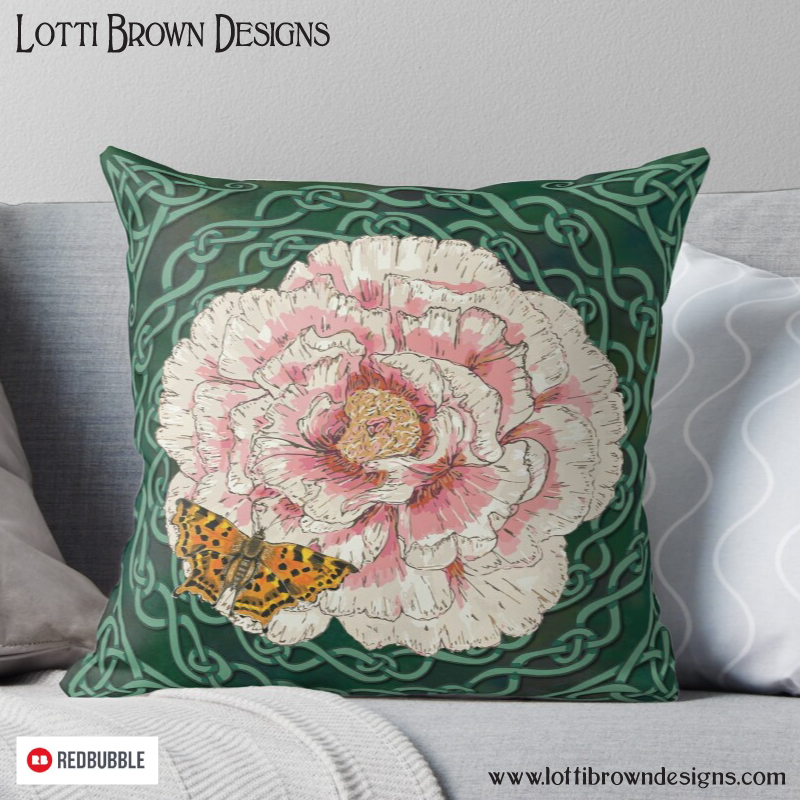 Peony and butterfly cushion or throw pillow