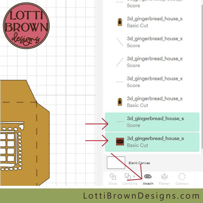 Click on the roof shape and its score line to select them, then click on 'Attach'