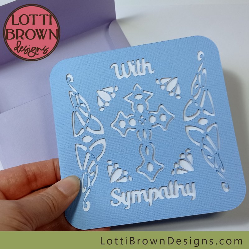 Christian cross sympathy card template - blue with lilac envelope