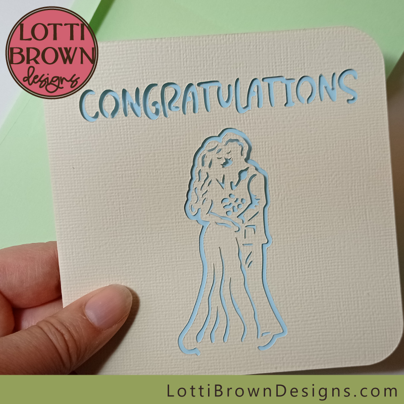 'Congratulations' wedding card design shown in cream and pale blue